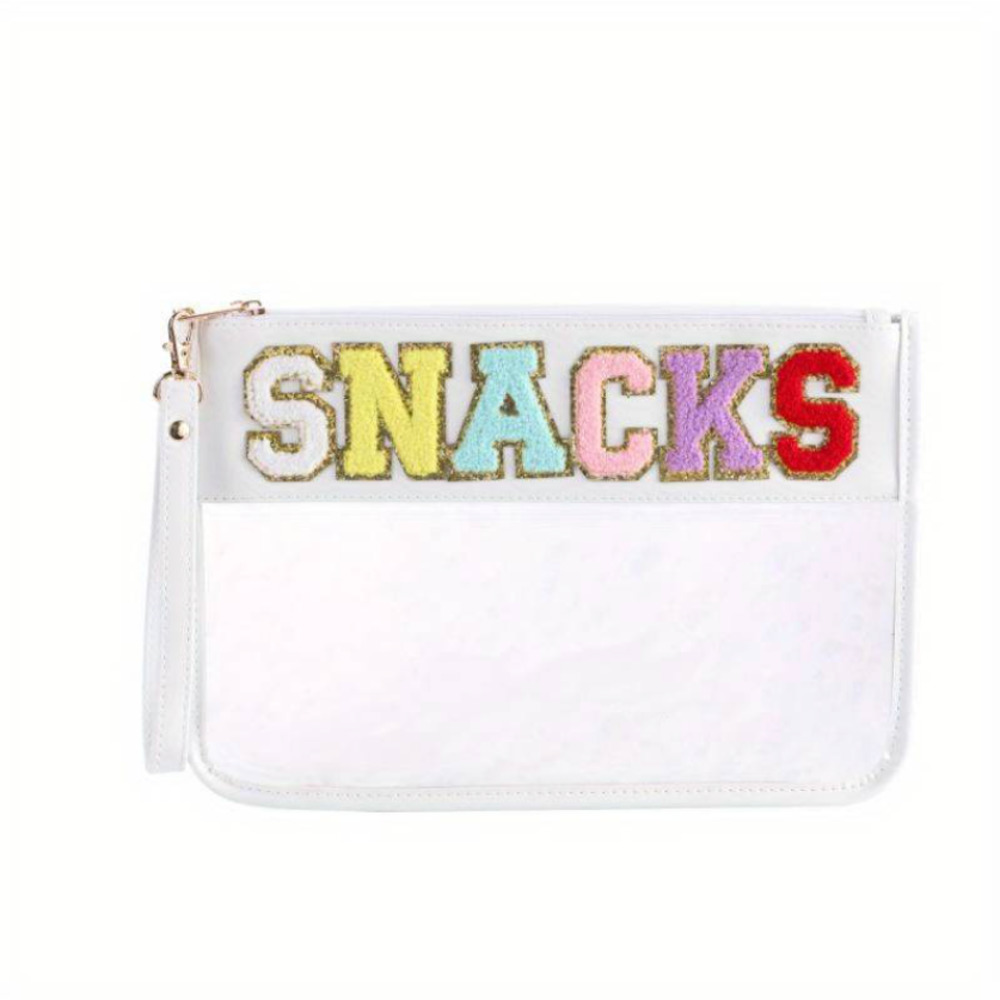Trendy SNACK Bag in White PVC Waterproof Travel Cosmetic Bag w/ Wristlet